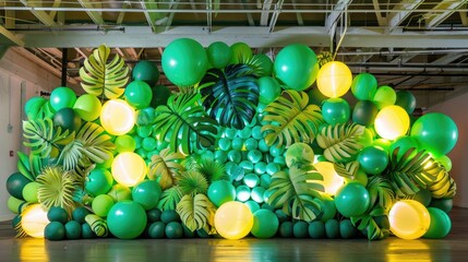neon jungle party with green and yellow lights, tropical leaf printed balloons, and vibrant serpentine