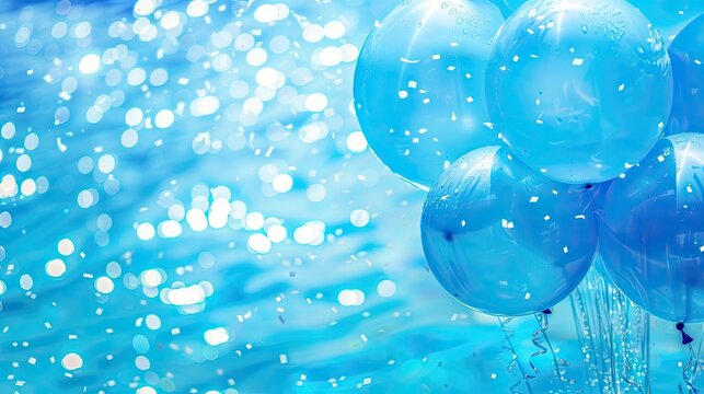 poolside party background with floating water lights, aquatic-themed balloons, and shiny blue confetti