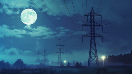 Electric pylons under moonlight at blue night. Electricity lines and electric power station in the sky at night hyper realistic 