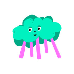 Hand drawn tired turquoise cloud doodle style, vector illustration isolated on white background. Cloud face, bright pink rays, decorative design element, emotion