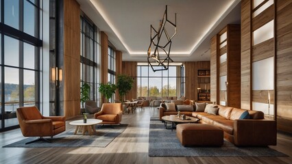 Fototapeta premium hotel lobby that exudes sleek elegance with clean lines, minimalist furniture, and a neutral color palette, creating a sophisticated and inviting atmosphere.