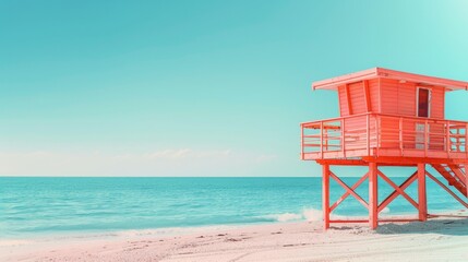 A vibrant lifeguard tower stands on a tranquil beach with a clear sky and calm ocean waters, invoking feelings of relaxation and summer vacation. Copy space, pastel colors. 