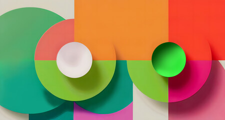 Abstrakcyjna kompozycja geometryczna składająca się z różnych kolorowych płaszczyzn. Centralnym elementem jest czerwone koło, które kontrastuje z otaczającymi je kształtami w odcieniach zieleni i różu