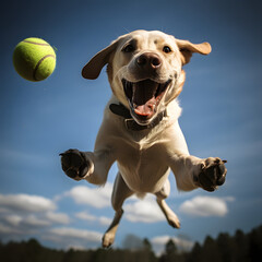 Dog jumping happily in the air catching a ball. Labrador training with ball.	