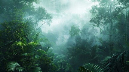 Fototapeta na wymiar Exotic foggy forest. Jungle panorama, forest oasis. Foggy dark forest. Natural forest landscape. 3D illustration. hyper realistic 