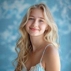 Happy Summer Girl in Blue Background