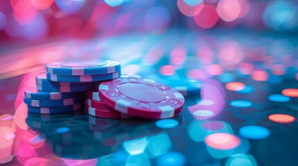 Bright, vibrant casino table photo with blue and pink chips, high resolution, sharp focus, bokeh effect