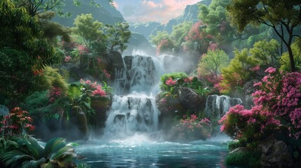Fantasy landscape with waterfalls, panorama. Generative AI hyper realistic 