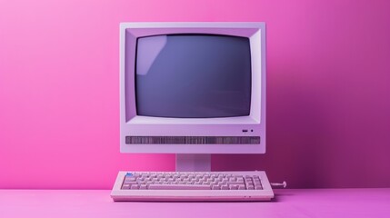 A retro, vintage computer with a purple screen is displayed against a vibrant pink background, evoking nostalgia for the 80s and 90s technology.