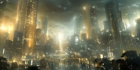 Obraz premium Futuristic cyberpunk Japanese cityscape at night 4K wallpaper with moody atmosphere. Concept Urban, Futuristic, Cyberpunk, Japanese, Cityscape, Night, 4K, Wallpaper, Moody, Atmosphere