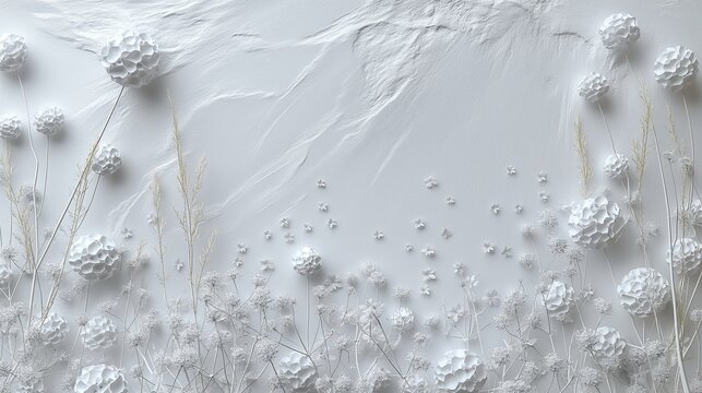 Elegant 3D rendering of white flowers and wild grasses on textured background, showing artistic blend of nature and design. Monochromatic schemes emphasize texture and depth, perfect for modern decor
