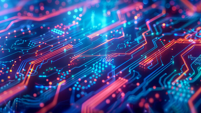 A close up of a computer circuit board with many colorful lights