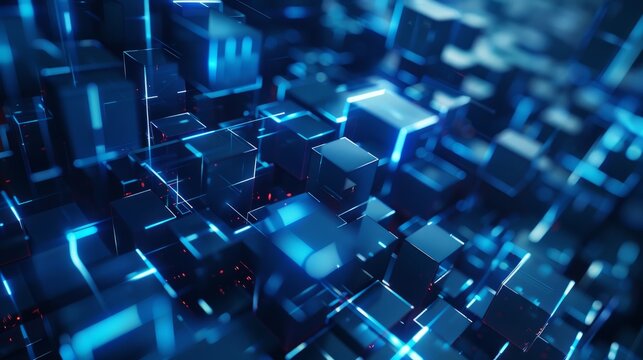 Futuristic blue digital geometric technology cube background banner illustration 3D - Glowing blue shape texture wall hyper realistic 