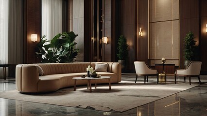 hotel lobby that celebrates artistic minimalism with curated art pieces, sculptural furnishings, and statement lighting fixtures, creating a visually striking yet uncluttered space.