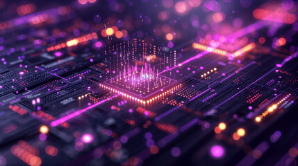 Obraz premium Advanced Circuit Board Featuring Illuminated Data Points and Connections, Symbolizing the Intricacies of Modern Digital Technologies