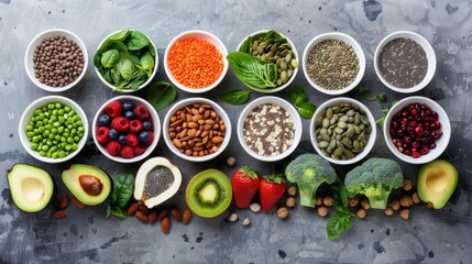 Healthy food clean eating selection: fruit, vegetable, seeds, superfood, cereal, leaf vegetable on gray concrete background hyper realistic 
