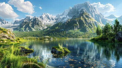 High mountain meadows. Majestic mountains and tranquil waters hyper realistic 