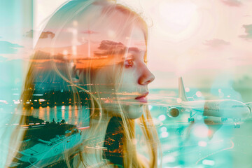 A woman gazing at a plane through a window