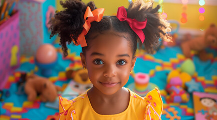 A black girl of five years old with two ponytails in a bright children's room full of children's toys.