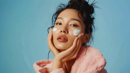 A woman in pink robe with her face covered with white cream.