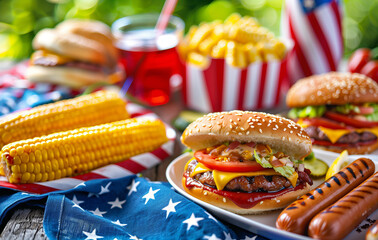 4th of July USA festive table with burgers, hot dogs and corn on the cob. American national holiday concept. 
