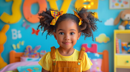A black girl of five years old with two ponytails in a bright children's room full of children's...