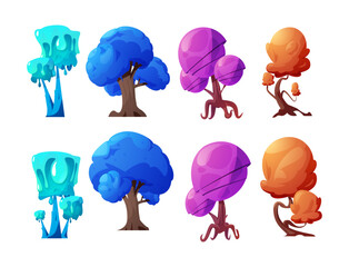 Obraz premium Set of different colorful magic trees flat style, vector illustration
