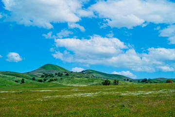Green hills under blue sky with white clouds