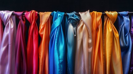 A collection of colorful silk scarves draped elegantly on a display stand, each one a fashion statement
