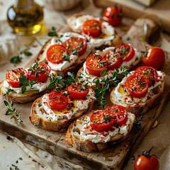 A rustic wooden board with slices of bread toast with tomato and cream cheese