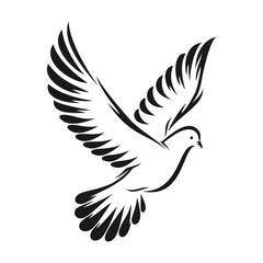 Black flying dove of peace isolated on white background, side view. Vector illustration