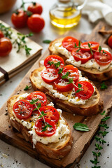 A rustic wooden board with slices of bread toast with tomato and cream cheese