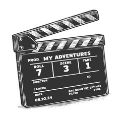Fototapeta premium film clapperboard labeled My Adventures, indicating production details sketch engraving generative ai vector illustration. Scratch board imitation. Black and white image.