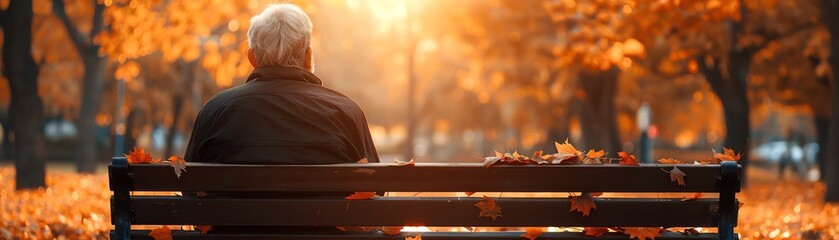 Obraz premium Senior man sitting on a park bench reflecting on life, peaceful autumn setting with fallen leaves and soft sunlight, symbolizing lifes later reflections