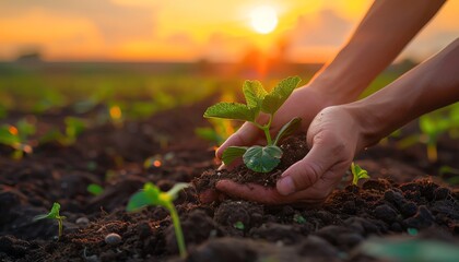 Agricultural industry scene, closeup of farmers hands holding soil and young plant, sunrise in the background, symbolizing sustainable farming practices