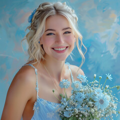 summer bride with bouquet of pastel blue flowers