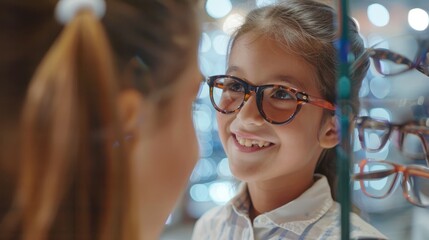 Ophthalmologist trying eyeglasses on smiling child in optics store. Kid choosing and trying eyeglasses and lenses in optician center. Health care, eyesight and vision concept. hyper realistic 