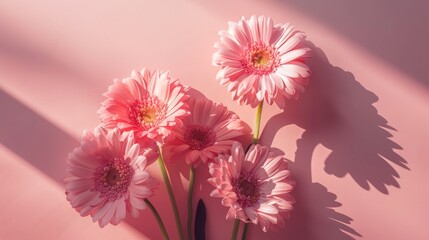 Pink gerber flowers bouquet with aesthetic sunlight shadows on pastel pink background. Minimal stylish still life floral composition hyper realistic 