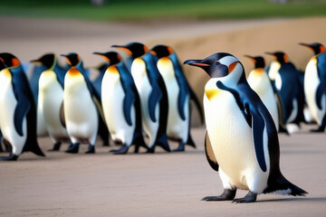 Fototapeta premium a line of King Penguins moving along a coastal area. Their poised figures stand out against the soft, blurred background