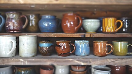 A collection of handmade pottery mugs displayed on a shelf, each one a unique piece of functional art