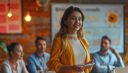 featuring a woman presenting her startup idea at a networking event, with potential investors and other entrepreneurs watching, business, Connection, Meeting, Networking, Business,