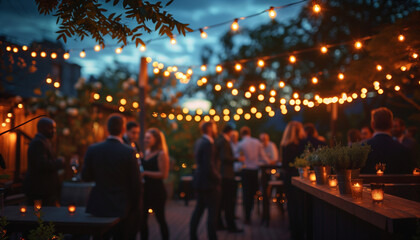 showing a networking event in an outdoor setting, with professionals engaging in discussions under string lights at dusk, creating a warm and inviting atmosphere, business, Connect