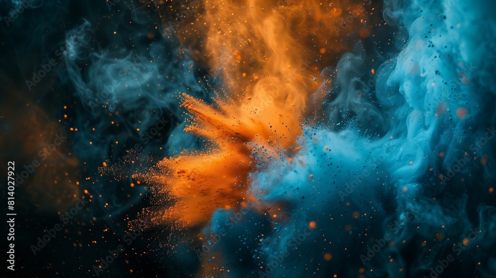 Poster a mesmerizing and dynamic composition of abstract blue and orange color powder splattered on a sleek