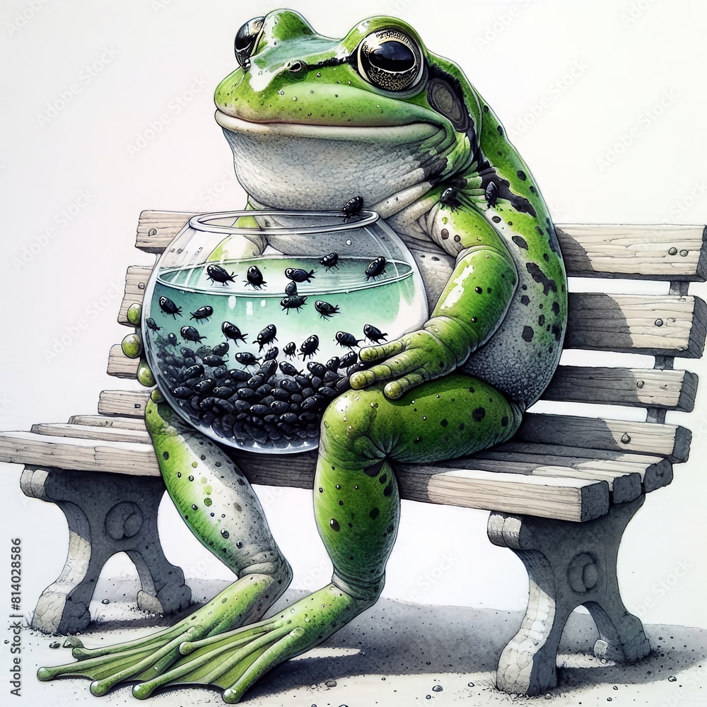 Canvas Prints A large anthropomorphic frog is seated on a wooden bench, holding a clear bowl filled with black tadpoles - Canvas Prints