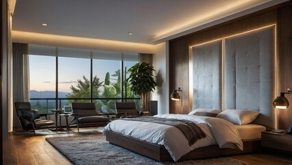 Fototapeta premium hotel lobby that seamlessly integrates technology with minimalist aesthetics, featuring interactive displays, smart lighting systems, and sleek charging stations for a modern and functional space.