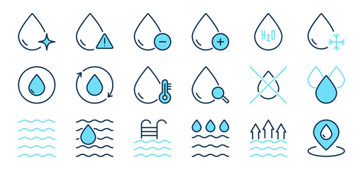 Water color blue line icons set. Ecology and environment sign. Drop symbol. Isolated on a white background. Pixel perfect. Editable stroke. 64x64.