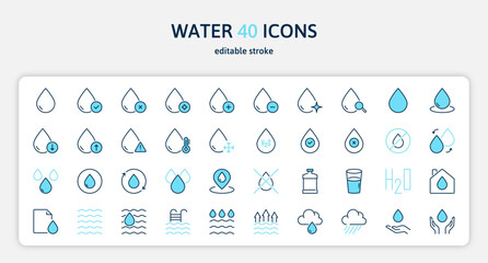 Water color blue 40 line icons set. Ecology and environment sign. Drop symbol. Isolated on a white background. Pixel perfect. Editable stroke. 64x64.