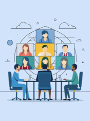 Vector Illustration of a Team of Teams Across the World Connected via a Global Virtual Meeting, Highlighting Diversity, Vector Art
