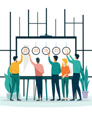 Vector Illustration of a Team of Team Members Updating a Project Timeline on a Large Office Whiteboard, Vector Art
