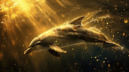 A dolphin swimming in the dark golden waters